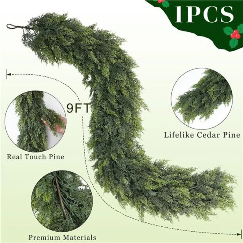 9FT Real Touch Christmas Cedar Garland - 1PCS, Artificial Pine Needles Garlands